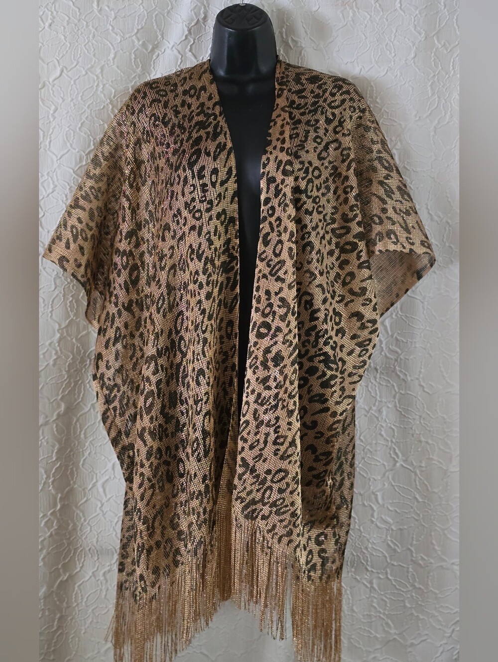 Leopard Print Cover-up One Size Nylon/Viscose Cardigan Sheer Fringe Gold Accents